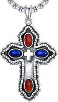 wholesale 925 Sterling Silver with Red Onyx & Blue Lapis Lazuli Southwest Cross Necklace for Women-0-0