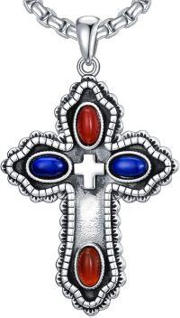 wholesale 925 Sterling Silver with Red Onyx & Blue Lapis Lazuli Southwest Cross Necklace for Women-blue lapis and red agate