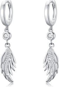 wholesale 925 Sterling Silver Angel Wing Feather Cross Dangle Drop Earrings for Women Men 3cm Long Hypoallergenic Minimalist Fine-02- Wings Earrings(Silver)