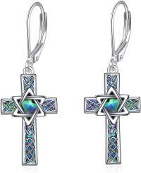 wholesale 925 Sterling Silver Celtic Cross Earrings with Abalone Shell Inlay Leverback Dangle Drop Religious Jewelry for Women and Men-C-Star of David