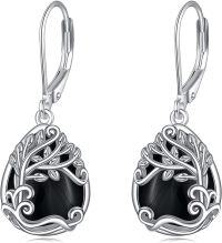 wholesale Sterling Silver Moonstone Leverback Teardrop Dangle Earrings for Women-JJ-Tree of Life Black Onyx