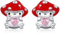 wholesale 925 Sterling Silver Red Enamel Pink Heart Crystal Mushroom Stud Earrings for Girls and Women-CZ mushroom frog