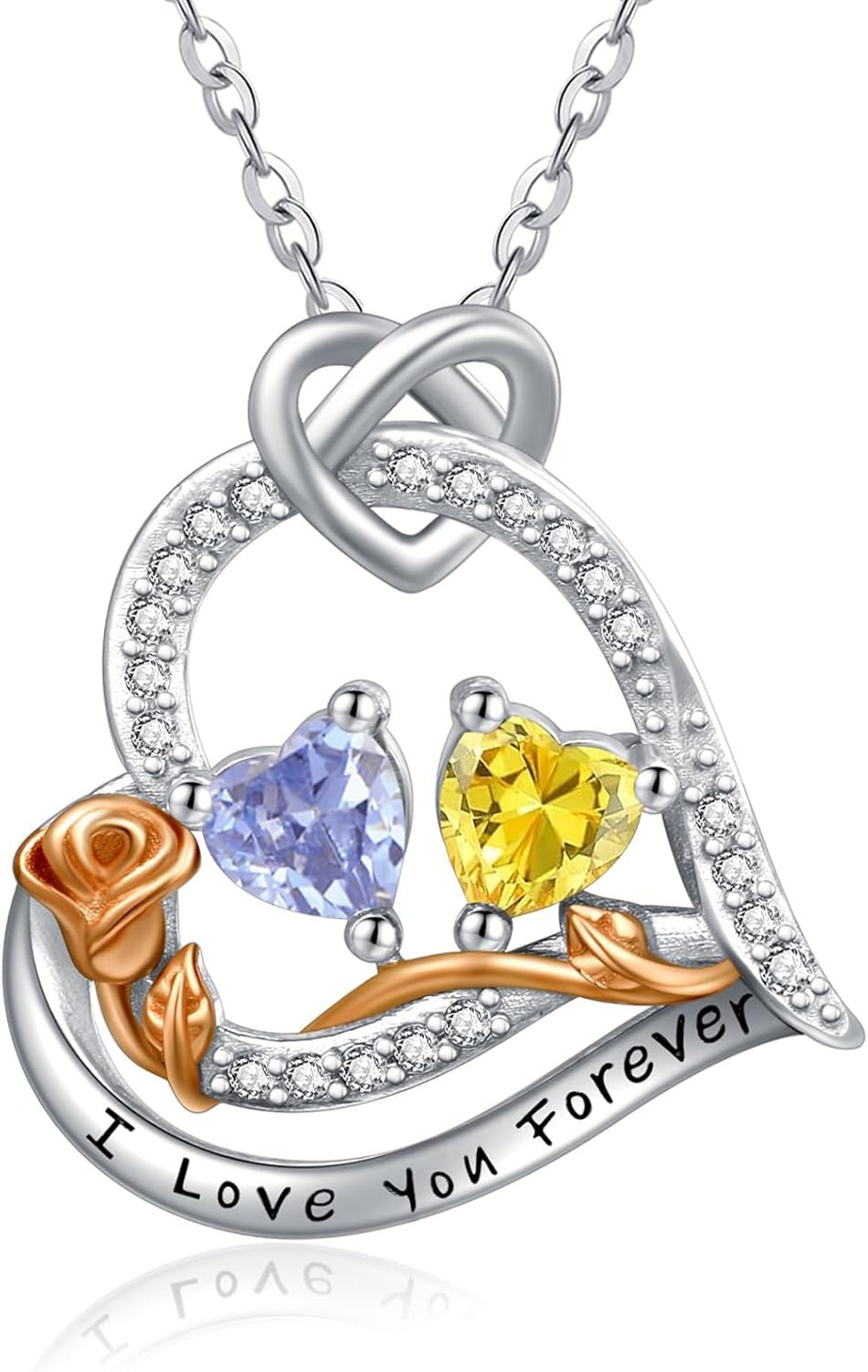  Sterling Silver 2 Birthstones Rose Heart Necklace for Women -06-11-Jun-Nov