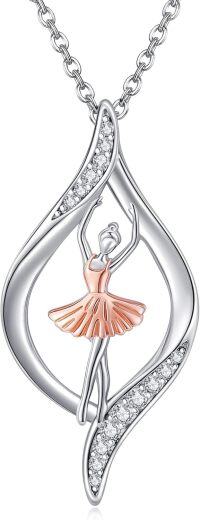 wholesale 925 Sterling Silver Ballerina Pendant Necklace with Rose Gold Accents and Cubic Zirconia Stones-ballet