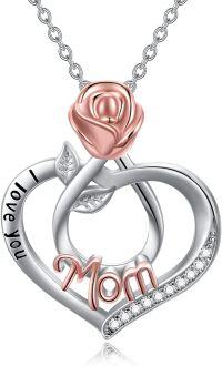wholesale 925 Sterling Silver I Love You Mom Necklace with Rose Flower and Heart Pendant for Women-I Love You Mom Necklace-Rose flower