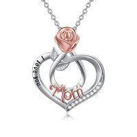 wholesale 925 Sterling Silver I Love You Mom Necklace with Rose Flower and Heart Pendant for Women-I Love You Mom Necklace-Rose flower