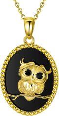 wholesale 925 Sterling Silver Plated Gold  Owl Pendant on Black Onyx Stone Chain Necklace s for Her-0-0