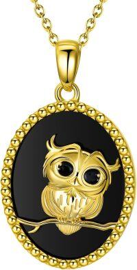 wholesale 925 Sterling Silver Plated Gold  Owl Pendant on Black Onyx Stone Chain Necklace s for Her-Owl