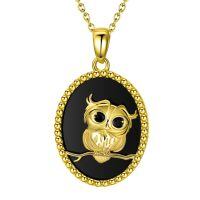 wholesale 925 Sterling Silver Owl Pendant Necklace Gold Plated Black Onyx-Owl