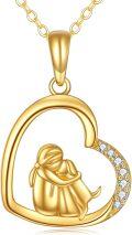 wholesale 14K Gold Mother and Child Heart Pendant Necklace with Cubic Zirconia Stones 23cm + Extender Chain-0-0