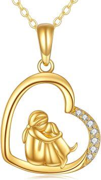 wholesale 14K Gold Mother and Child Heart Pendant Necklace with Cubic Zirconia Stones 23cm + Extender Chain-Gold-Dog Necklace
