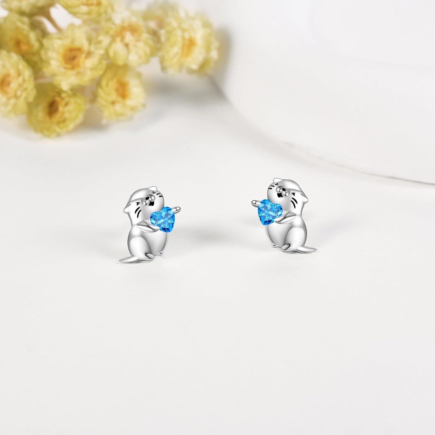 925 Sterling Silver Otter Heart Blue Crystal Stud Earrings for Women-0-2