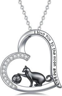 wholesale 925 Sterling Silver Heart-Shaped Cat with Yarn Ball Pendant Necklace - Perfect Gift for Cat Lovers-A+Black Cat