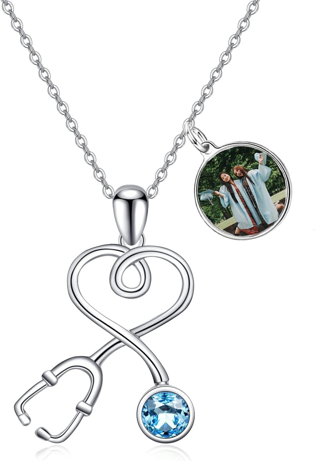 Sterling Silver Stethoscope Necklace w 12 Austria Birthstone Crystals Med Grad Gift-925 Silver - Custom-925 Silver - Custom Picture