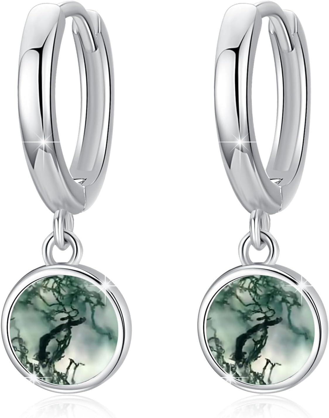 925 Sterling Silver Green Moss Agate Huggie Hoop Earrings with Round Drops-0-0