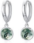 wholesale 925 Sterling Silver Green Moss Agate Huggie Hoop Earrings with Round Drops-0-0