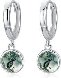 wholesale 925 Sterling Silver Green Moss Agate Huggie Hoop Earrings with Round Drops-01-Moss agate