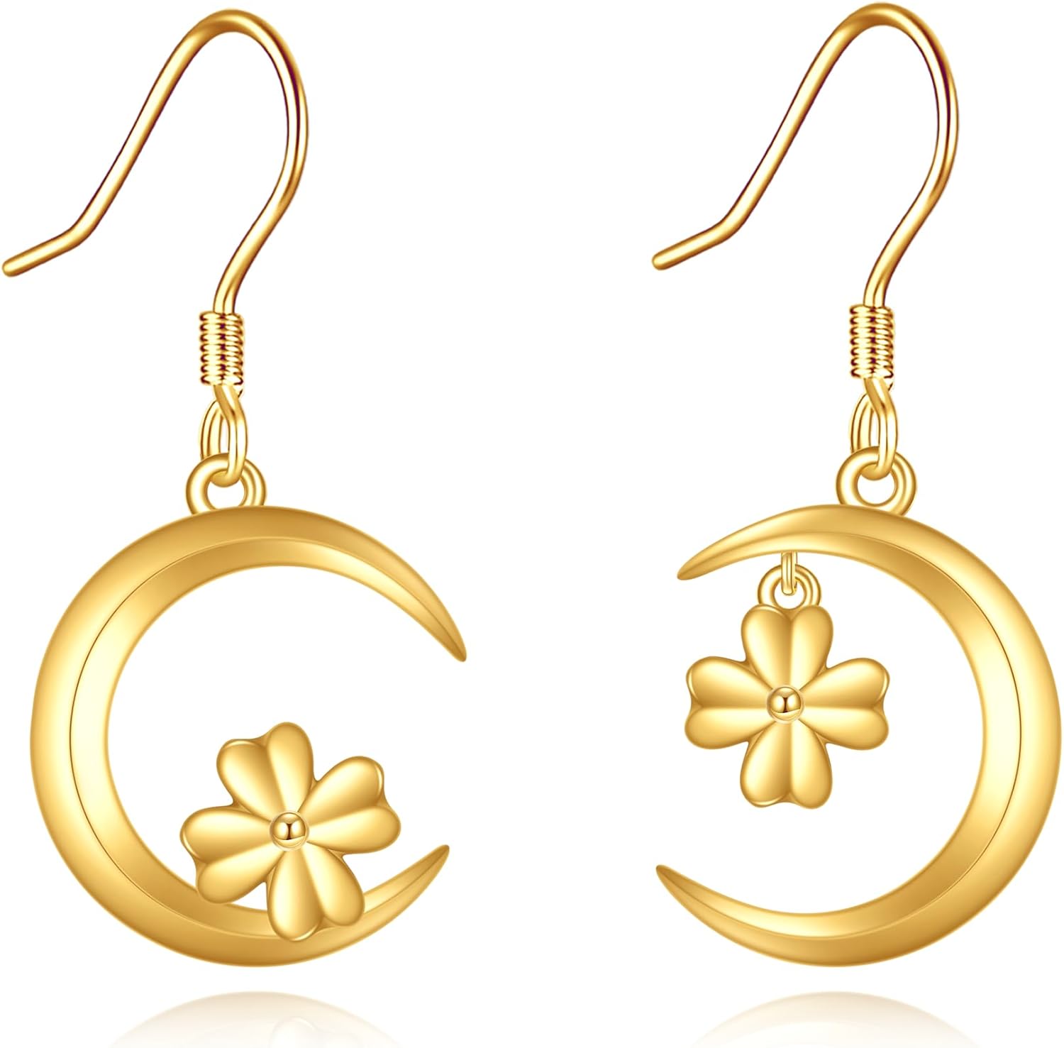 wholesale 14K Gold Crescent Moon & Flower Filigree Heart Dangle Drop Leverback Earrings for Women - Christmas Gift Ideas-0-0