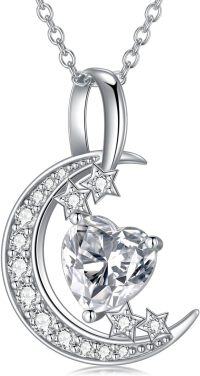 wholesale 925 Sterling Silver White Gold & Sterling Silver 1ct Heart Moissanite Diamond Moon Necklace for Women-Crescent Moon