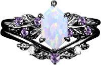 wholesale 925 Sterling Silver Long Hexagonal White Opal & Amethyst Vintage Leaf Design Ring Set, Size 4-12, Nickel-Free-White Opal