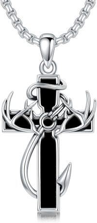 wholesale 925 Sterling Silver Black Enamel Deer Antlers Cross Pendant Necklace with Stainless steel chain for Men -2-05-Black Onyx