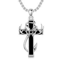 wholesale 925 Sterling Silver Black Enamel Deer Antlers Cross Pendant Necklace with Stainless steel chain for Men -2-05-Black Onyx