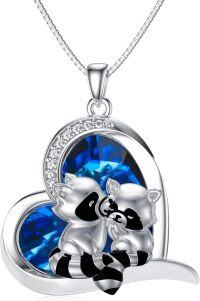 wholesale 925 Sterling Silver Blue Crystal Heart Raccoons Pendant Necklace Gifts for Women Girls-Two Raccoon Crystal Necklace