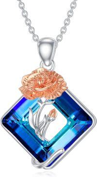 wholesale 925 Sterling Silver Blue Crystal Rose Pendant Necklace for Women - December Birthstone -January-carnation