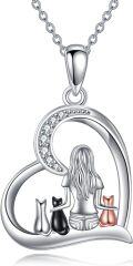 wholesale 925 Sterling Silver Cat Necklace for Women - Heart-Shaped Pendant with Cats s-0-0