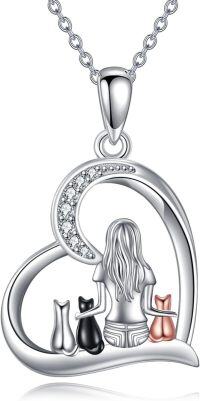 wholesale 925 Sterling Silver Cat Necklace for Women - Heart-Shaped Pendant with Cats s-Silver-3 Cat Necklace
