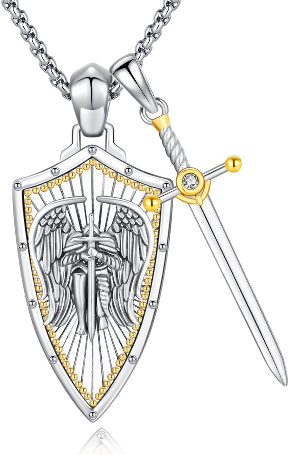 wholesale 925 Sterling Silver Metal Stone Saint Michael Christopher Judas Benedict Joseph Jude Sword Shield Pendant Necklace for Men Religious Talisman Amulet Gift-0-0