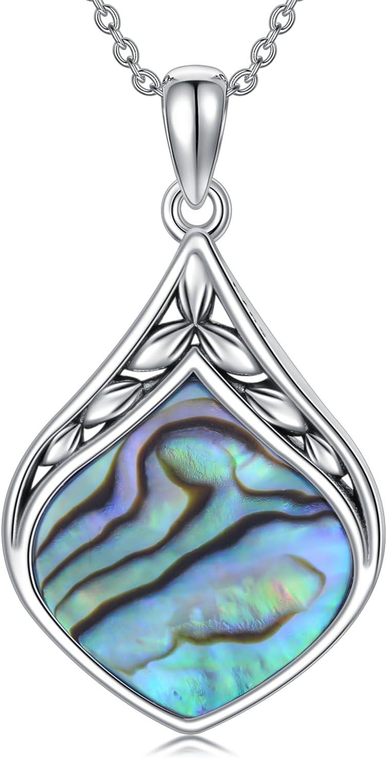 925 Sterling Silver Abalone Shell Teardrop Pendant Necklace-0-0