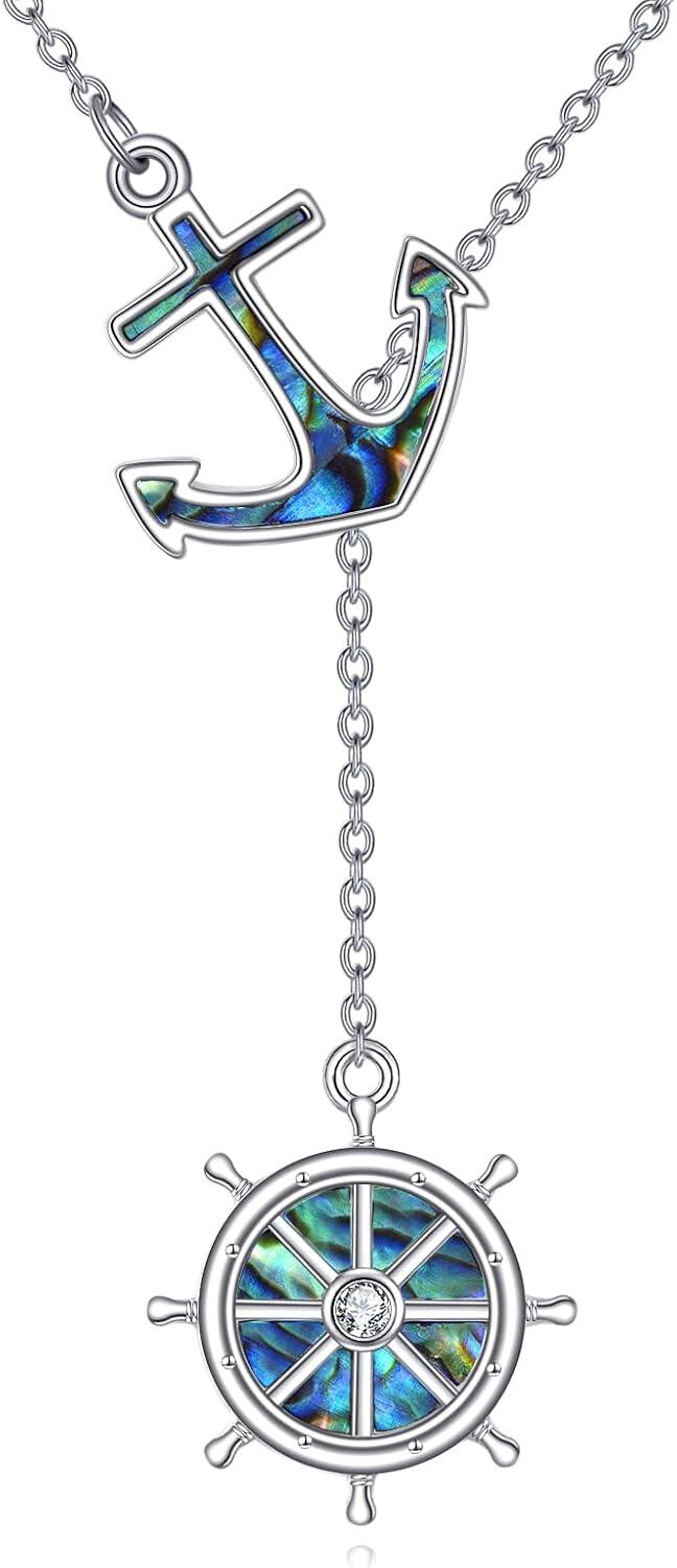 Sterling Silver Opal Abalone Blue Crystal Compass Necklace-Compass-Abalone anchor