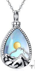 wholesale 925 Sterling Silver Teardrop Shape Mountain and Sun Design Cremation Jewelry Keepsake Pendant with Chain - 3D Engraved Elements in Blue Color-0-0