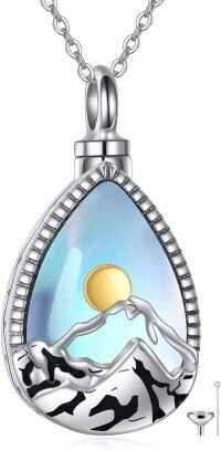 wholesale 925 Sterling Silver Teardrop Shape Mountain and Sun Design Cremation Jewelry Keepsake Pendant with Chain - 3D Engraved Elements in Blue Color-Mountain Range