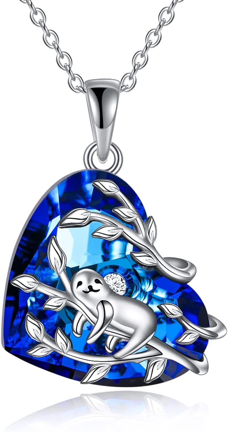 925 Sterling Silver Blue Crystal Sloth Branch Pendant Necklace Gift for Her-0-0