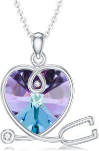 wholesale Sterling Silver Heart Crystal Stethoscope Necklace for Nurse Doctor Women-February Sterling Silver