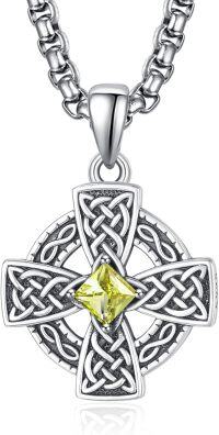 wholesale 925 Sterling Silver Birthstone Celtic Cross Necklace for Men Irish Jewelry 2 5mm 22 +2 Rolo Chain-08-Aug Birthstone