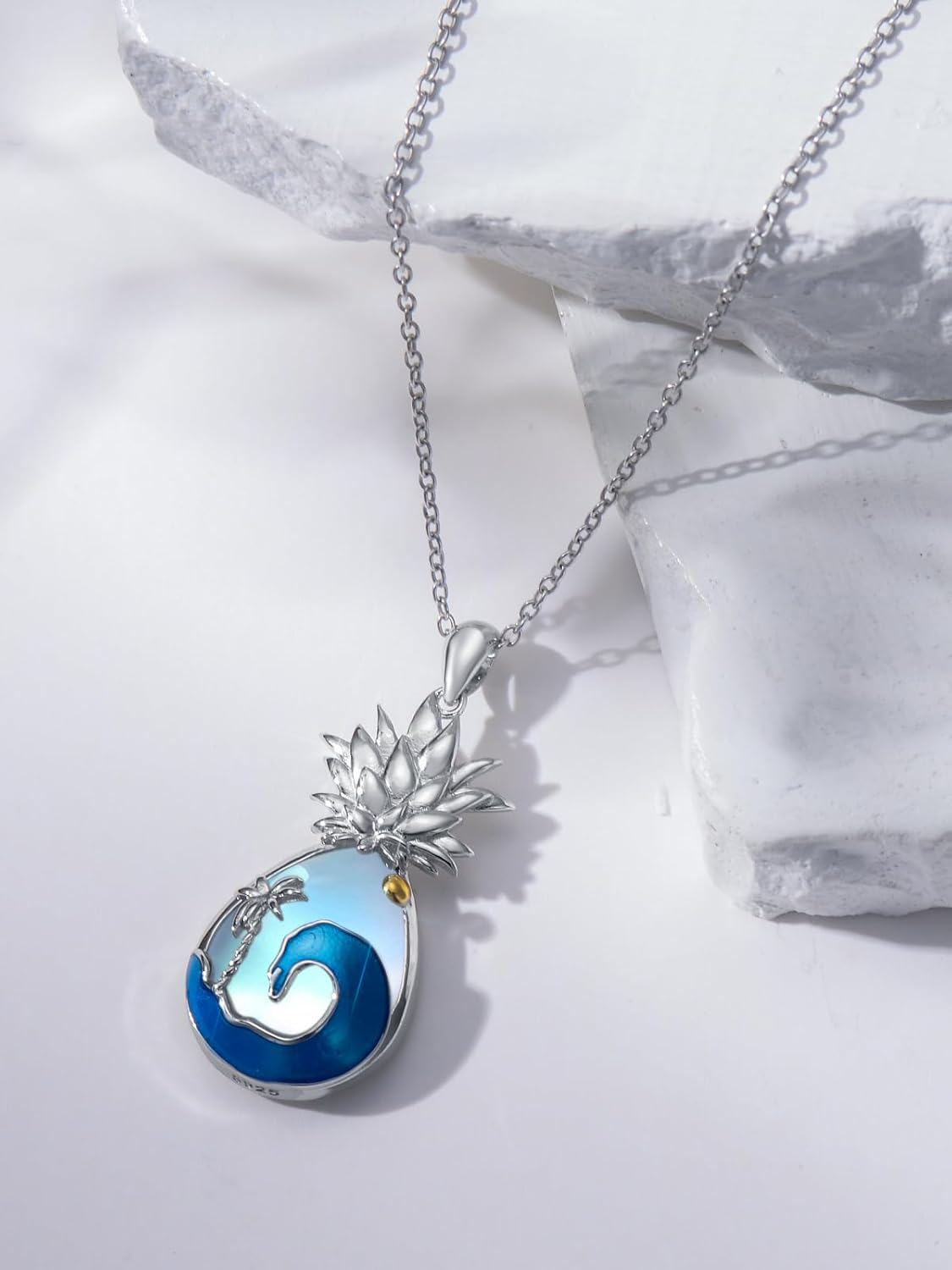 925 Sterling Silver Pineapple Ocean Wave Palm Tree Pendant Necklace for Women Girls Gifts-0-3