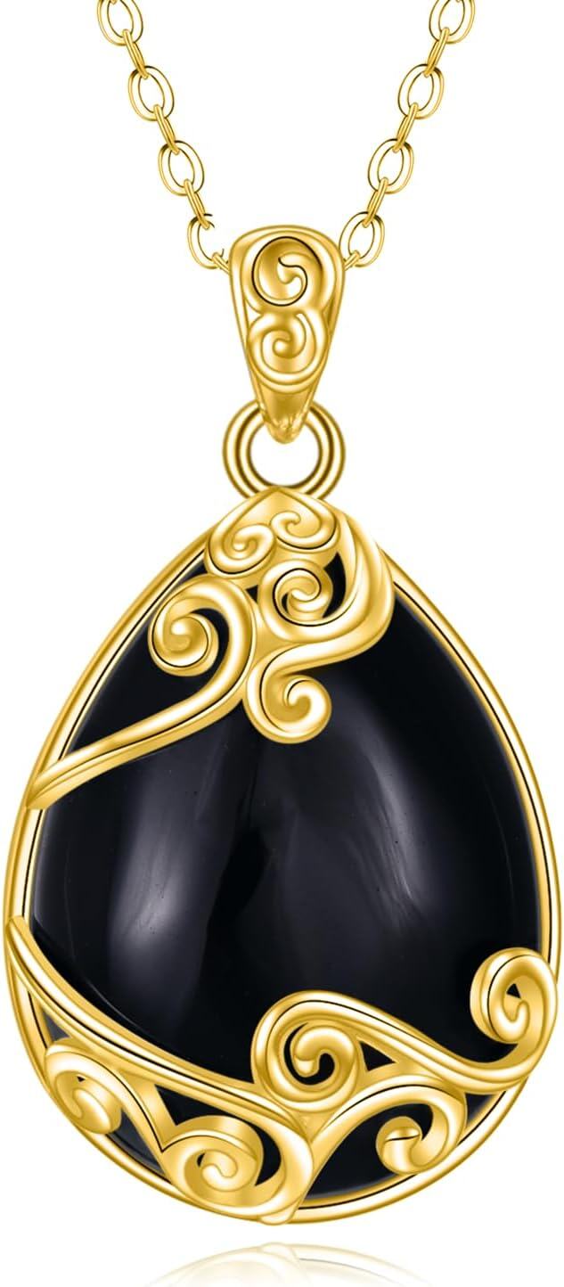 wholesale 18K Gold Plated Sterling Silver Black Onyx Boho Teardrop Pendant Necklace-A-Black Onyx Teardrop Necklace