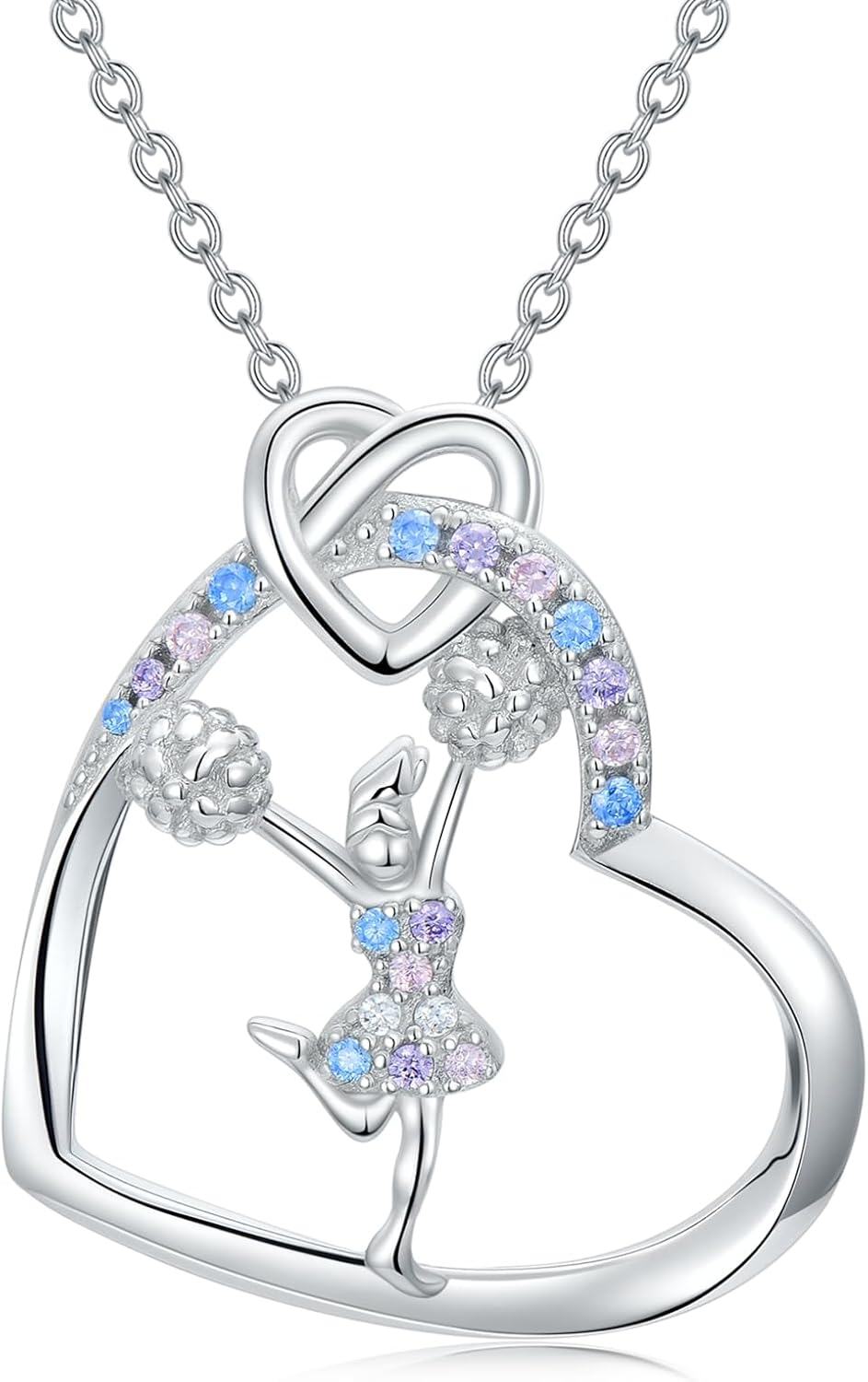 925 Sterling Silver Heart-Shaped Ballerina Dance Pendant Necklace with Multi-Colored Crystals and Chain for Women-0-0