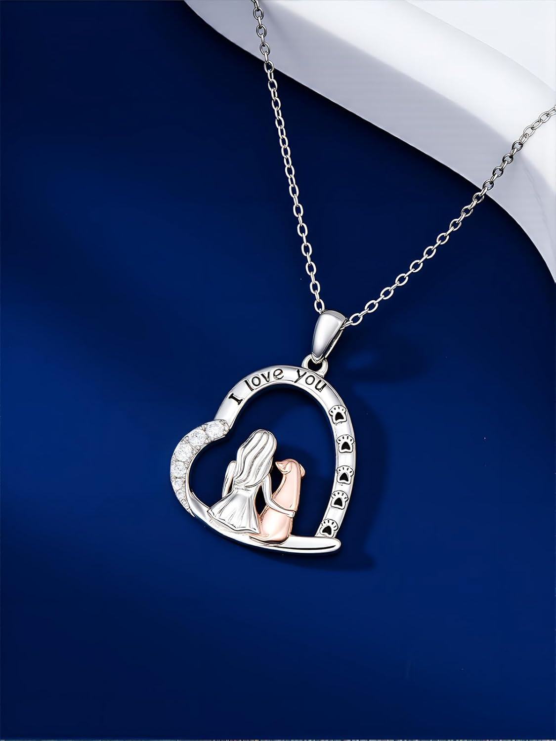 Sterling Silver Dog Necklace with Paw Print I Love You Heart Engraved Gift for Women Pet Lovers-0-4