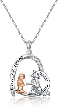 wholesale 925 Sterling Silver Wolf Girl Moon Charm Pendant Necklace Gifts for Women Girls Mom Sisters Lover Friendship Jewelry Accessories-Wolf with women