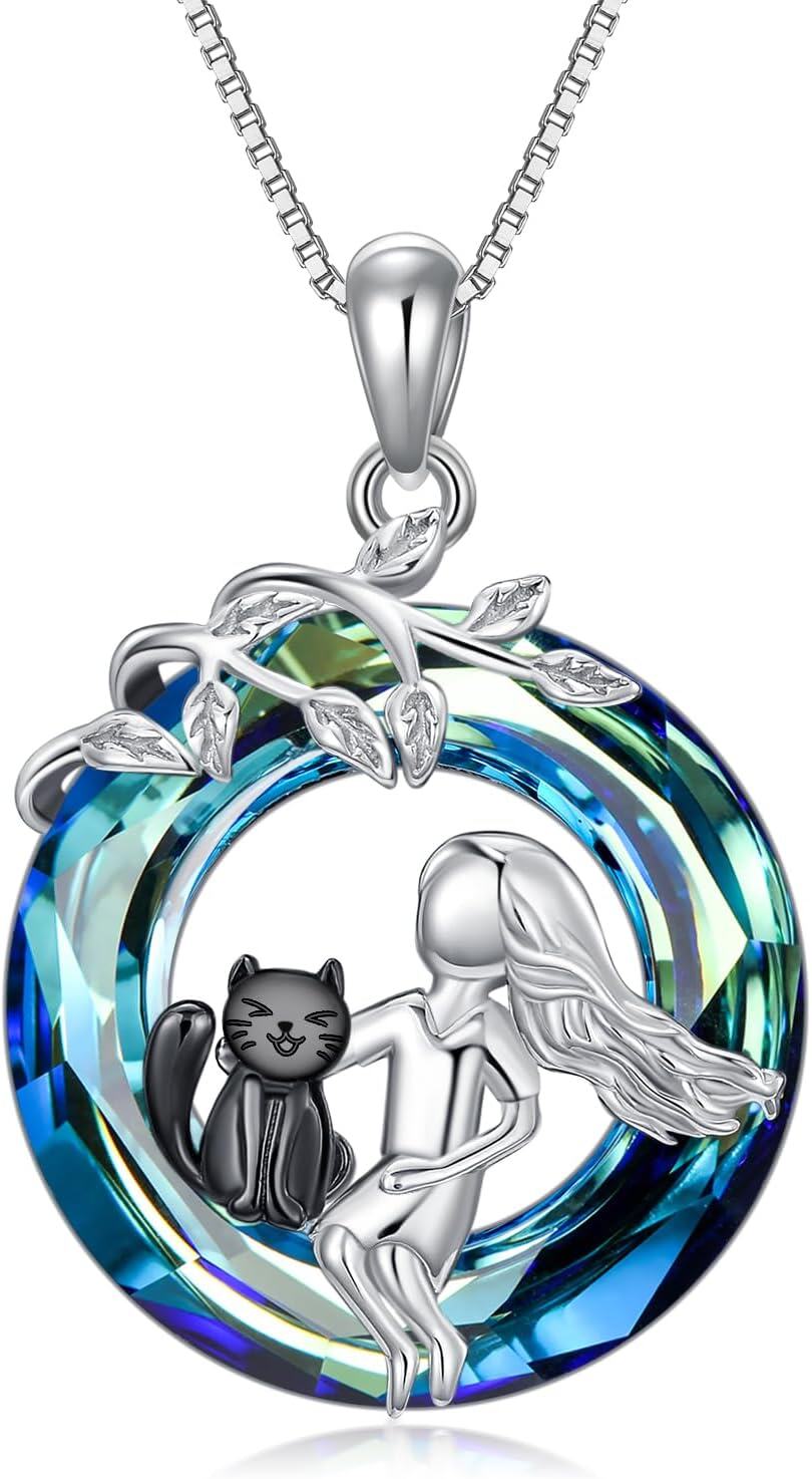 Sterling Silver Crystal Animal Necklace Pendant Jewelry Gift for Women-Cat with Women