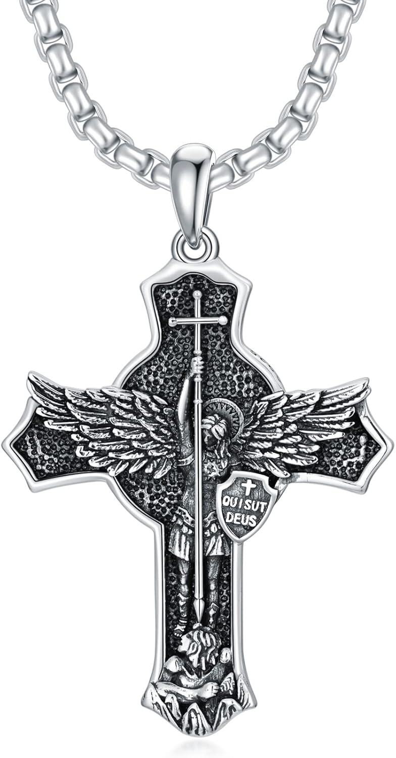 Sterling Silver Oval St Michael St Christopher Medal Archangel Cross Necklace w 22 +2 Chain-A03-St Michael (Cross)