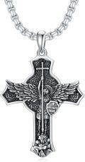 wholesale 925 Sterling Silver Angel Winged Cross Pendant with Saint Michael and St Christopher Medals on 34+2 Extender Chain Necklace for Men Women Boys Girls -0-0