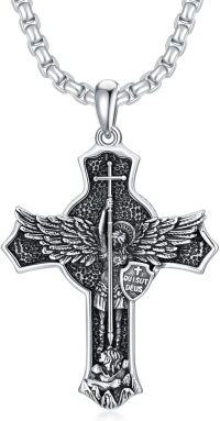 wholesale 925 Sterling Silver Angel Winged Cross Pendant with Saint Michael and St Christopher Medals on 34+2 Extender Chain Necklace for Men Women Boys Girls -A03-St Michael (Cross)