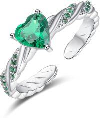 wholesale 925 Sterling Silver Blue Crystal Zircon Heart Ring for Women Adjustable Size 7-9 Gift Box-Green