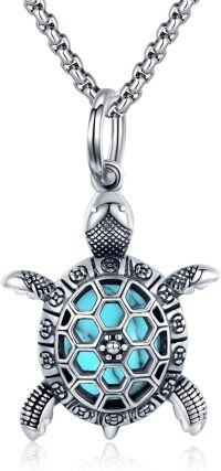 wholesale 925 Sterling Silver with Genuine Turquoise Inlay Sea Turtle Pendant Necklace for Men & Women-Turquoise