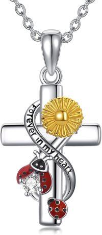 wholesale 925 Sterling Silver Cross Pendant with Sunflower and Ladybugs Necklace for Women-Ladybug Cross